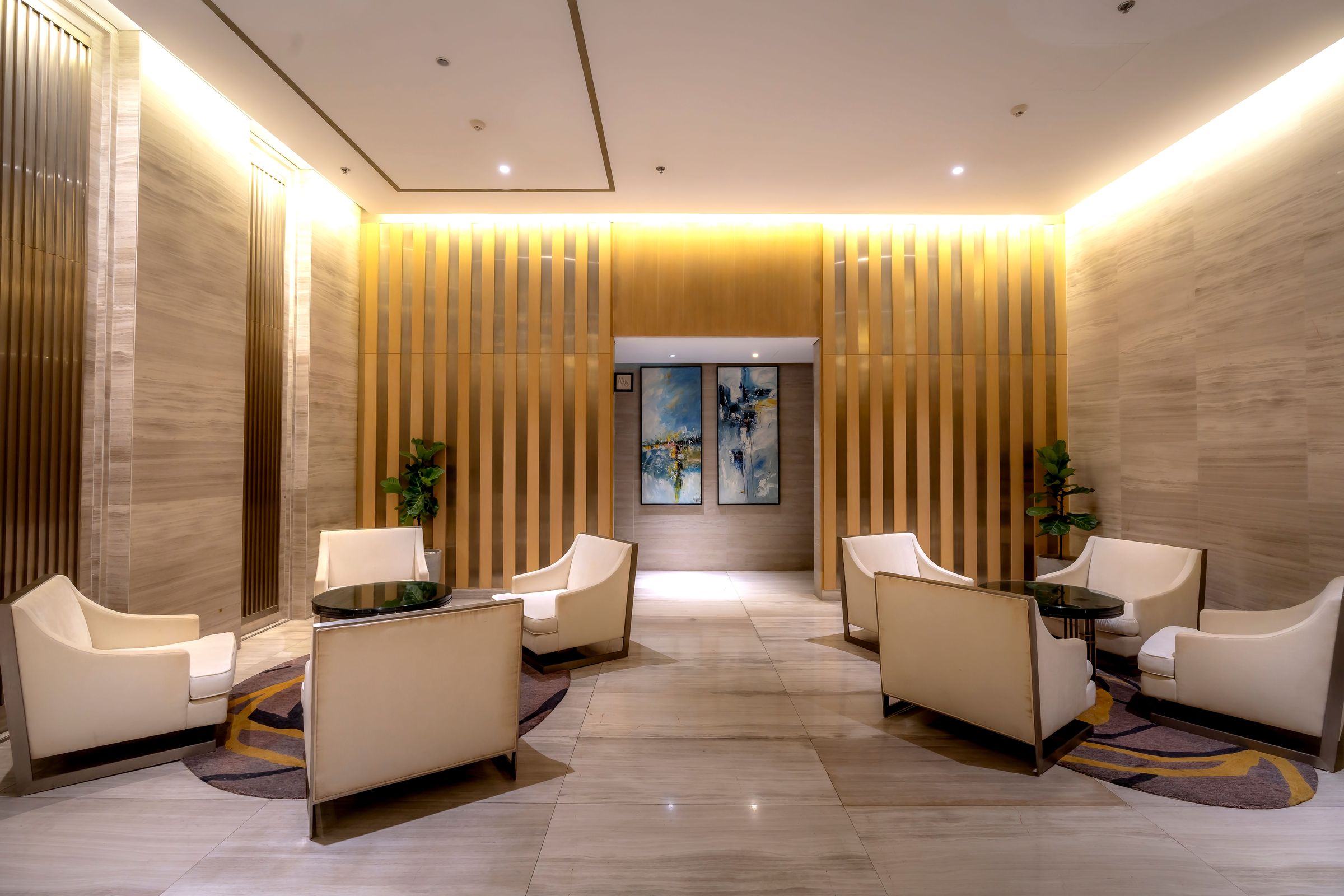 Hotel lobby lounge with wood-slat walls